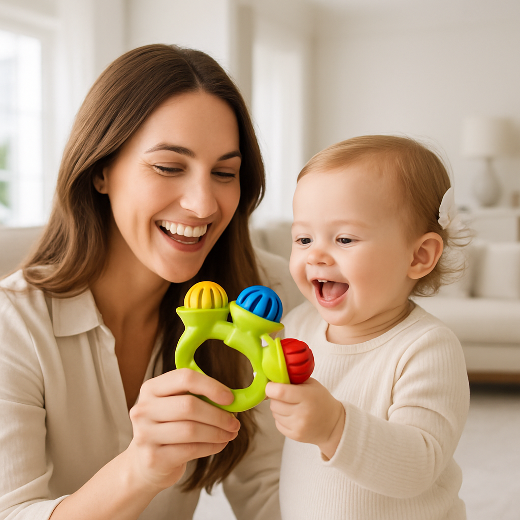 hochet bebe cloche assis dans un salon souriante
