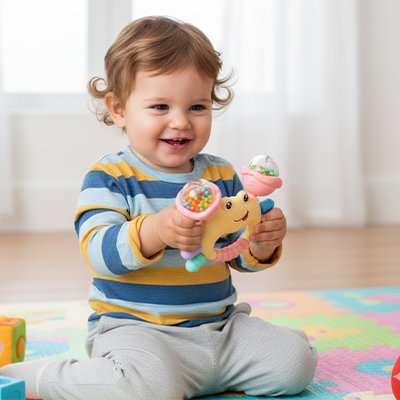 Hochet bébé couleur jaune avec bébé 