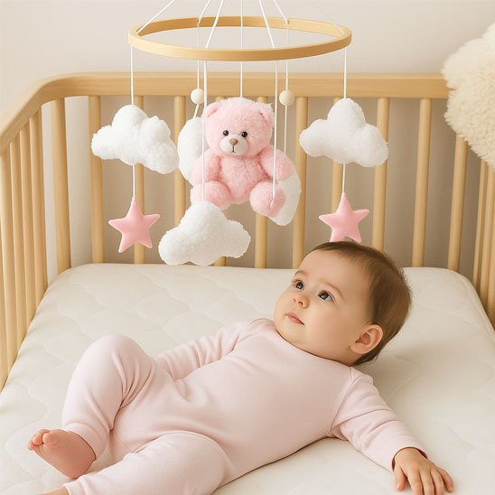 Mobile bebe composé d’un ourson en peluche rose